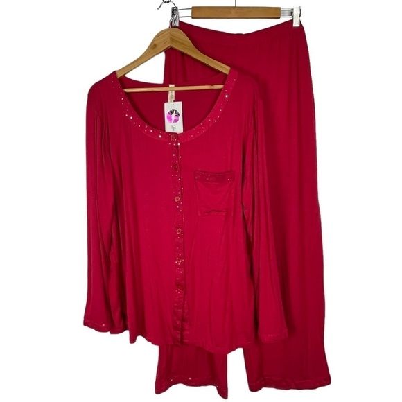 RHONDA SHEAR SHIMMER RED COZY HOLIDAY MATCHING PAJAMA PJ SET - Picture 3 of 15